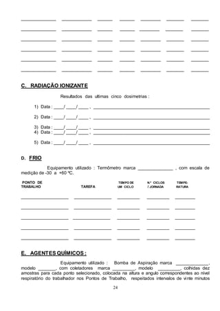 24
______________ ____________ ______ ______ ________ _______ _______
______________ ____________ ______ ______ ________ _______ _______
______________ ____________ ______ ______ ________ _______ _______
______________ ____________ ______ ______ ________ _______ _______
______________ ____________ ______ ______ ________ _______ _______
______________ ____________ ______ ______ ________ _______ _______
C. RADIAÇÃO IONIZANTE
Resultados das ultimas cinco dosimetrias :
1) Data : ____/ ____/ ____ , _______________________________________________
2) Data : ____/ ____/ ____ , _______________________________________________
3) Data : ____/ ____/ ____ , _______________________________________________
4) Data : ____/ ____/ ____ , _______________________________________________
5) Data : ____/ ____/ ____ , _______________________________________________
D. FRIO
Equipamento utilizado : Termômetro marca ______________ , com escala de
medição de -30 a +60 ºC.
PONTO DE TEMPO DE N.º CICLOS TEMPE-
TRABALHO TAREFA UM CICLO / JORNADA RATURA
___________________ _______________ _________ _________ ________
___________________ _______________ _________ _________ ________
___________________ _______________ _________ _________ ________
___________________ _______________ _________ _________ ________
___________________ _______________ _________ _________ ________
E. AGENTES QUÍMICOS :
Equipamento utilizado : Bomba de Aspiração marca _____________,
modelo _______, com coletadores marca _________, modelo _________, colhidas dez
amostras para cada ponto selecionado, colocada na altura e angulo correspondentes ao nível
respiratório do trabalhador nos Pontos de Trabalho, respeitados intervalos de vinte minutos
 