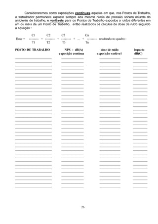 26
Consideraremos como exposições contínuas aquelas em que, nos Postos de Trabalho,
o trabalhador permanece exposto sempre aos mesmo níveis de pressão sonora oriunda do
ambiente de trabalho, e variáveis para os Postos de Trabalho expostos a ruídos diferentes em
um ou mais de um Ponto de Trabalho, então realizados os cálculos de dose de ruído segundo
a equação :
C1 C2 C3 Cn
Dose = -------- + -------- + -------- + ... + -------- resultando no quadro :
T1 T2 T3 Tn
POSTO DE TRABALHO NPS - dB(A) dose de ruído impacto
exposição contínua exposição variável dB(C)
_______________________ ______________ _____________ _________
_______________________ ______________ _____________ _________
_______________________ ______________ _____________ _________
_______________________ ______________ _____________ _________
_______________________ ______________ _____________ _________
_______________________ ______________ _____________ _________
_______________________ ______________ _____________ _________
_______________________ ______________ _____________ _________
_______________________ ______________ _____________ _________
_______________________ ______________ _____________ _________
_______________________ ______________ _____________ _________
_______________________ ______________ _____________ _________
_______________________ ______________ _____________ _________
_______________________ ______________ _____________ _________
_______________________ ______________ _____________ _________
_______________________ ______________ _____________ _________
_______________________ ______________ _____________ _________
_______________________ ______________ _____________ _________
_______________________ ______________ _____________ _________
_______________________ ______________ _____________ _________
_______________________ ______________ _____________ _________
_______________________ ______________ _____________ _________
_______________________ ______________ _____________ _________
_______________________ ______________ _____________ _________
_______________________ ______________ _____________ _________
_______________________ ______________ _____________ _________
_______________________ ______________ _____________ _________
_______________________ ______________ _____________ _________
_______________________ ______________ _____________ _________
_______________________ ______________ _____________ _________
_______________________ ______________ _____________ _________
_______________________ ______________ _____________ _________
_______________________ ______________ _____________ _________
_______________________ ______________ _____________ _________
_______________________ ______________ _____________ _________
_______________________ ______________ _____________ _________
 