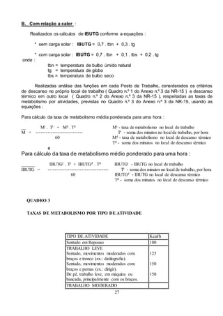 27
B. Com relação a calor :
Realizados os cálculos de IBUTG conforme a equações :
* sem carga solar : IBUTG = 0,7 . tbn + 0,3 . tg
* com carga solar : IBUTG = 0,7 . tbn + 0,1 . tbs + 0,2 . tg
onde :
tbn = temperatura de bulbo úmido natural
tg = temperatura de globo
tbs = temperatura de bulbo seco
Realizadas análise das funções em cada Posto de Trabalho, considerados os critérios
de descanso no próprio local de trabalho ( Quadro n.º 1 do Anexo n.º 3 da NR-15 ) e descanso
térmico em outro local ( Quadro n.º 2 do Anexo n.º 3 da NR-15 ), respeitadas as taxas de
metabolismo por atividades, previstas no Quadro n.º 3 do Anexo n.º 3 da NR-15, usando as
equações :
Para cálculo da taxa de metabolismo média ponderada para uma hora :
__ Mt . Tt + Md . Td Mt - taxa de metabolismo no local de trabalho
M = ---------------------------- Tt - soma dos minutos no local de trabalho, por hora
60 Md - taxa de metabolismo no local de descanso térmico
Td - soma dos minutos no local de descanso térmico
e
Para cálculo da taxa de metabolismo médio ponderado para uma hora :
______ IBUTGt . Tt + IBUTGd . Td IBUTGt - IBUTG no local de trabalho
IBUTG = ------------------------------------ Tt - soma dos minutos no local de trabalho, por hora
60 IBUTGd - IBUTG no local de descanso térmico
Td - soma dos minutos no local de descanso térmico
QUADRO 3
TAXAS DE METABOLISMO POR TIPO DE ATIVIDADE
TIPO DE ATIVIDADE Kcal/h
Sentado em Repouso 100
TRABALHO LEVE
Sentado, movimentos moderados com
braços e tronco (ex.: datilografia).
Sentado, movimentos moderados com
braços e pernas (ex.: dirigir).
De pé, trabalho leve, em máquina ou
bancada, principalmente com os braços.
125
150
150
TRABALHO MODERADO
 