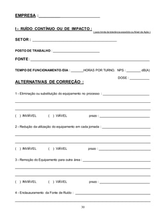 30
EMPRESA :____________________________
I - RUÍDO CONTÍNUO OU DE IMPACTO :
( para limite de tolerância excedido ou Nível de Ação )
SETOR : _______________________________________________
POSTO DE TRABALHO : __________________________
FONTE : ___________________________________________________________________
TEMPO DE FUNCIONAMENTO /DIA : _______HORAS POR TURNO. NPS : ________ dB(A)
DOSE : ___________
ALTERNATIVAS DE CORREÇÃO :
1 - Eliminação ou substituição do equipamento no processo : __________________________
____________________________________________________________________________
____________________________________________________________________________
( ) INVIÁVEL ( ) VIÁVEL prazo : ____________________________
2 - Redução da utilização do equipamento em cada jornada : ___________________________
____________________________________________________________________________
____________________________________________________________________________
( ) INVIÁVEL ( ) VIÁVEL prazo : _____________________________
3 - Remoção do Equipamento para outra área : ______________________________________
____________________________________________________________________________
____________________________________________________________________________
( ) INVIÁVEL ( ) VIÁVEL prazo : ____________________________
4 - Enclausuramento da Fonte de Ruído : __________________________________________
____________________________________________________________________________
 
