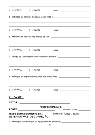 31
____________________________________________________________________________
( ) INVIÁVEL ( ) VIÁVEL prazo : ____________________________
5 - Instalação de barreiras à propagação do ruído : __________________________________
____________________________________________________________________________
____________________________________________________________________________
( ) INVIÁVEL ( ) VIÁVEL prazo : ____________________________
6 - Anteparos no teto para não reflexão do som : ____________________________________
____________________________________________________________________________
____________________________________________________________________________
( ) INVIÁVEL ( ) VIÁVEL prazo : ____________________________
7 - Rodízio de Trabalhadores com setores não ruidosos : ______________________________
____________________________________________________________________________
____________________________________________________________________________
( ) INVIÁVEL ( ) VIÁVEL prazo : ____________________________
8 - Instalação de dispositivos redutores do ruído na fonte : _____________________________
____________________________________________________________________________
____________________________________________________________________________
( ) INVIÁVEL ( ) VIÁVEL prazo : ____________________________
II - CALOR :
SETOR : _______________________________________________
POSTO DE TRABALHO : __________________________
FONTE : __________________________________ METABOLISMO : ___________
TEMPO DE FUNCIONAMENTO /DIA : ________HORAS POR TURNO . IBUTG : _________
ALTERNATIVAS DE CORREÇÃO :
1 - Eliminação ou substituição do equipamento no processo : ___________________________
 