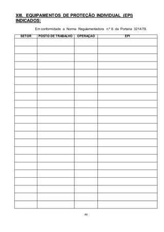 46
XIII. EQUIPAMENTOS DE PROTEÇÃO INDIVIDUAL (EPI)
INDICADOS:
Em conformidade a Norma Regulamentadora n.º 6 da Portaria 3214/78.
SETOR POSTO DE TRABALHO OPERAÇÃO EPI
 