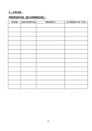 62
2 - CALOR :
PROPOSTAS DE CORREÇÃO :
SETOR EQUIPAMENTO PROPOSTA CUMPRIDA OU NÃO
 
