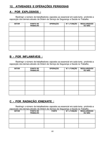 68
12. ATIVIDADES E OPÉRAÇÕES PERIGOSAS
A - POR EXPLOSIVOS :
Restringir o número de trabalhadores expostos ao essencial em cada turno, proibindo a
exposição dos demais através de Ordem de Serviço de Segurança e Saúde no Trabalho.
SETOR PONTO DE
TRABALHO
OPERAÇÃO N.º e FUNÇÃO REGULARIZADO
OU NÃO
B - POR INFLAMÁVEIS :
Restringir o número de trabalhadores expostos ao essencial em cada turno, proibindo a
exposição dos demais através de Ordem de Serviço de Segurança e Saúde no Trabalho.
SETOR PONTO DE
TRABALHO
OPERAÇÃO N.º e FUNÇÃO REGULARIZADO
OU NÃO
C - POR RADIAÇÃO IONIZANTE :
Restringir o número de trabalhadores expostos ao essencial em cada turno, proibindo a
exposição dos demais através de Ordem de Serviço de Segurança e Saúde no Trabalho.
SETOR PONTO DE
TRABALHO
FONTE N.º e FUNÇÃO REGULARIZADO
OU NÃO
 