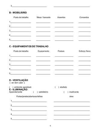 8
3________________________________ _________________________________
B - MOBILIÁRIO
Posto de trabalho Mesa / bancada Assentos Comandos
1___________________ _____________ _________________ ___________
2___________________ _____________ _________________ ___________
3___________________ _____________ _________________ ___________
4___________________ _____________ _________________ ___________
5___________________ _____________ _________________ ___________
C - EQUIPAMENTOS DE TRABALHO
Posto de trabalho Equipamento Postura Esforço físico
1___________________ _____________ _________________ ___________
2___________________ _____________ _________________ ___________
3___________________ _____________ _________________ ___________
4___________________ _____________ _________________ ___________
5___________________ _____________ _________________ ___________
D - VENTILAÇÃO
[ ver item calor ]
( ) ambiente agradável. ( ) abafado
E - ILUMINAÇÃO
Aparentemente ( ) satisfatório ( ) insuficiente
Portas/janelas/aberturas/telhas área
1________________________________ _________________________________
2________________________________ _________________________________
3________________________________ _________________________________
4________________________________ _________________________________
5________________________________ _________________________________
 