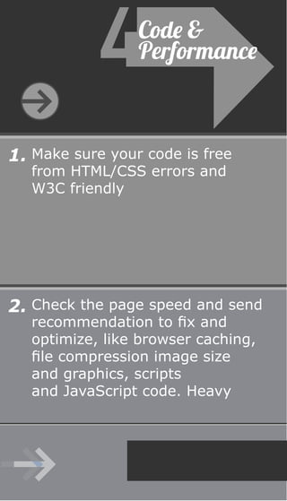 Make sure your code is free
from HTML/CSS errors and
W3C friendly
1.
Check the page speed and send
recommendation to fix and
optimize, like browser caching,
file compression image size
and graphics, scripts
and JavaScript code. Heavy
2.
Code &
Performance
Next
 