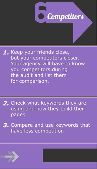 Keep your friends close,
but your competitors closer.
Your agency will have to know
you competitors during
the audit and list them
for comparison.
1.
Compare and use keywords that
have less competition
3.
Check what keywords they are
using and how they build their
pages
2.
Competitors
Next
 
