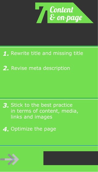 Rewrite title and missing title
Revise meta description
1.
2.
Stick to the best practice
in terms of content, media,
links and images
Optimize the page
3.
4.
Content
& on-page
Next
 