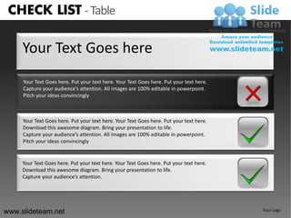 CHECK LIST - Table

     Your Text Goes here
     Your Text Goes here. Put your text here. Your Text Goes here. Put your text here.
     Capture your audience’s attention. All images are 100% editable in powerpoint.
     Pitch your ideas convincingly



     Your Text Goes here. Put your text here. Your Text Goes here. Put your text here.
     Download this awesome diagram. Bring your presentation to life.
     Capture your audience’s attention. All images are 100% editable in powerpoint.
     Pitch your ideas convincingly


     Your Text Goes here. Put your text here. Your Text Goes here. Put your text here.
     Download this awesome diagram. Bring your presentation to life.
     Capture your audience’s attention.




www.slideteam.net                                                                        Your Logo
 