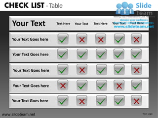 CHECK LIST - Table

     Your Text             Text Here   Your Text   Text Here   Your Text   Text Here



     Your Text Goes here


     Your Text Goes here


     Your Text Goes here


     Your Text Goes here


     Your Text Goes here


www.slideteam.net                                                                  Your Logo
 