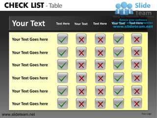 CHECK LIST - Table

     Your Text             Text Here   Your Text   Text Here   Your Text   Text Here



     Your Text Goes here


     Your Text Goes here

     Your Text Goes here

     Your Text Goes here

     Your Text Goes here

     Your Text Goes here

www.slideteam.net                                                                  Your Logo
 