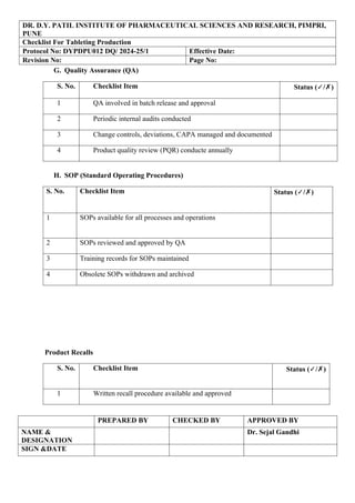 Checklist Tableting Production ( checklist ) | DOCX