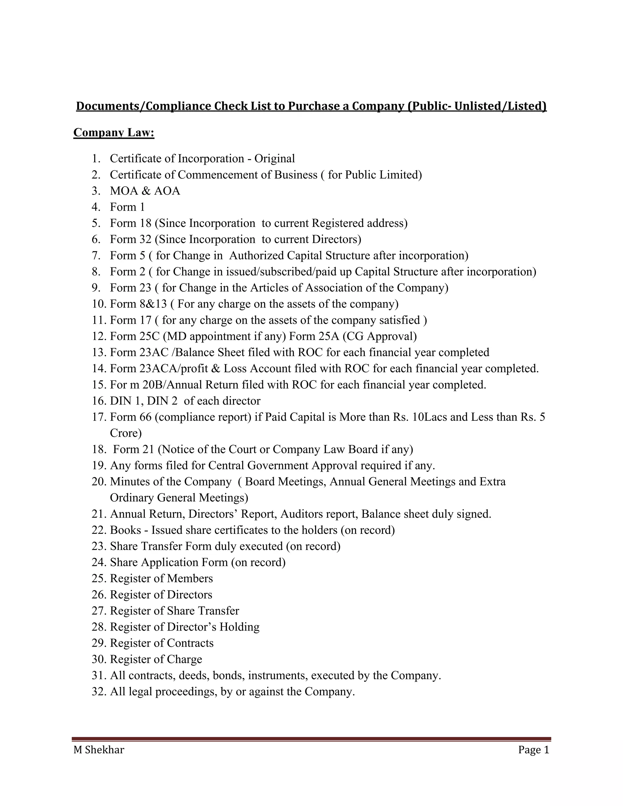 M Shekhar Page 1
Documents/Compliance Check List to Purchase a Company (Public- Unlisted/Listed)
Company Law:
1. Certificate of Incorporation - Original
2. Certificate of Commencement of Business ( for Public Limited)
3. MOA & AOA
4. Form 1
5. Form 18 (Since Incorporation to current Registered address)
6. Form 32 (Since Incorporation to current Directors)
7. Form 5 ( for Change in Authorized Capital Structure after incorporation)
8. Form 2 ( for Change in issued/subscribed/paid up Capital Structure after incorporation)
9. Form 23 ( for Change in the Articles of Association of the Company)
10. Form 8&13 ( For any charge on the assets of the company)
11. Form 17 ( for any charge on the assets of the company satisfied )
12. Form 25C (MD appointment if any) Form 25A (CG Approval)
13. Form 23AC /Balance Sheet filed with ROC for each financial year completed
14. Form 23ACA/profit & Loss Account filed with ROC for each financial year completed.
15. For m 20B/Annual Return filed with ROC for each financial year completed.
16. DIN 1, DIN 2 of each director
17. Form 66 (compliance report) if Paid Capital is More than Rs. 10Lacs and Less than Rs. 5
Crore)
18. Form 21 (Notice of the Court or Company Law Board if any)
19. Any forms filed for Central Government Approval required if any.
20. Minutes of the Company ( Board Meetings, Annual General Meetings and Extra
Ordinary General Meetings)
21. Annual Return, Directors’ Report, Auditors report, Balance sheet duly signed.
22. Books - Issued share certificates to the holders (on record)
23. Share Transfer Form duly executed (on record)
24. Share Application Form (on record)
25. Register of Members
26. Register of Directors
27. Register of Share Transfer
28. Register of Director’s Holding
29. Register of Contracts
30. Register of Charge
31. All contracts, deeds, bonds, instruments, executed by the Company.
32. All legal proceedings, by or against the Company.
 