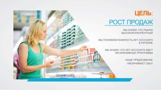 ЦЕЛЬ:
РОСТ ПРОДАЖ
МЫ ЗНАЕМ, ЧТО РЫНОК
ВЫСОКОКОНКУРЕНТНЫЙ
МЫ ПОНИМАЕМ ВАЖНОСТЬ KEY ACCOUNTS
В РИТЕЙЛЕ
МЫ ЗНАЕМ, ЧТО KEY ACCOUNTS ЖДУТ
ЭКСКЛЮЗИВНЫЕ ПРОГРАММЫ
НАШЕ ПРЕДЛОЖЕНИЕ
УВЕЛИЧИВАЕТ СБЫТ
 