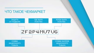 ЧТО ТАКОЕ ЧЕКМАРКЕТ
ЗАЩИТА
ОТ ПОДБОРА
КОГДА БЫЛА
ПОКУПКА
СУММА БАЛЛОВ
АКЦИОННОГО
ТОВАРА
ГДЕ БЫЛА
ПОКУПКА
СУММА
АКЦИОННОГО
ТОВАРА
 