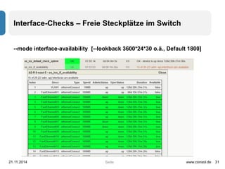 Interface-Checks – Freie Steckplätze im Switch 
--mode interface-availability [--lookback 3600*24*30 o.ä., Default 1800] 
21.11.2014 www.consol.de 31 
Seite 
 