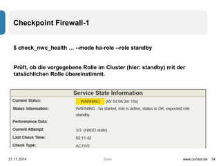 Seite 
Checkpoint Firewall-1 
$ check_nwc_health … --mode ha-role --role standby 
Prüft, ob die vorgegebene Rolle im Cluster (hier: standby) mit der 
tatsächlichen Rolle übereinstimmt. 
21.11.2014 www.consol.de 34 
 