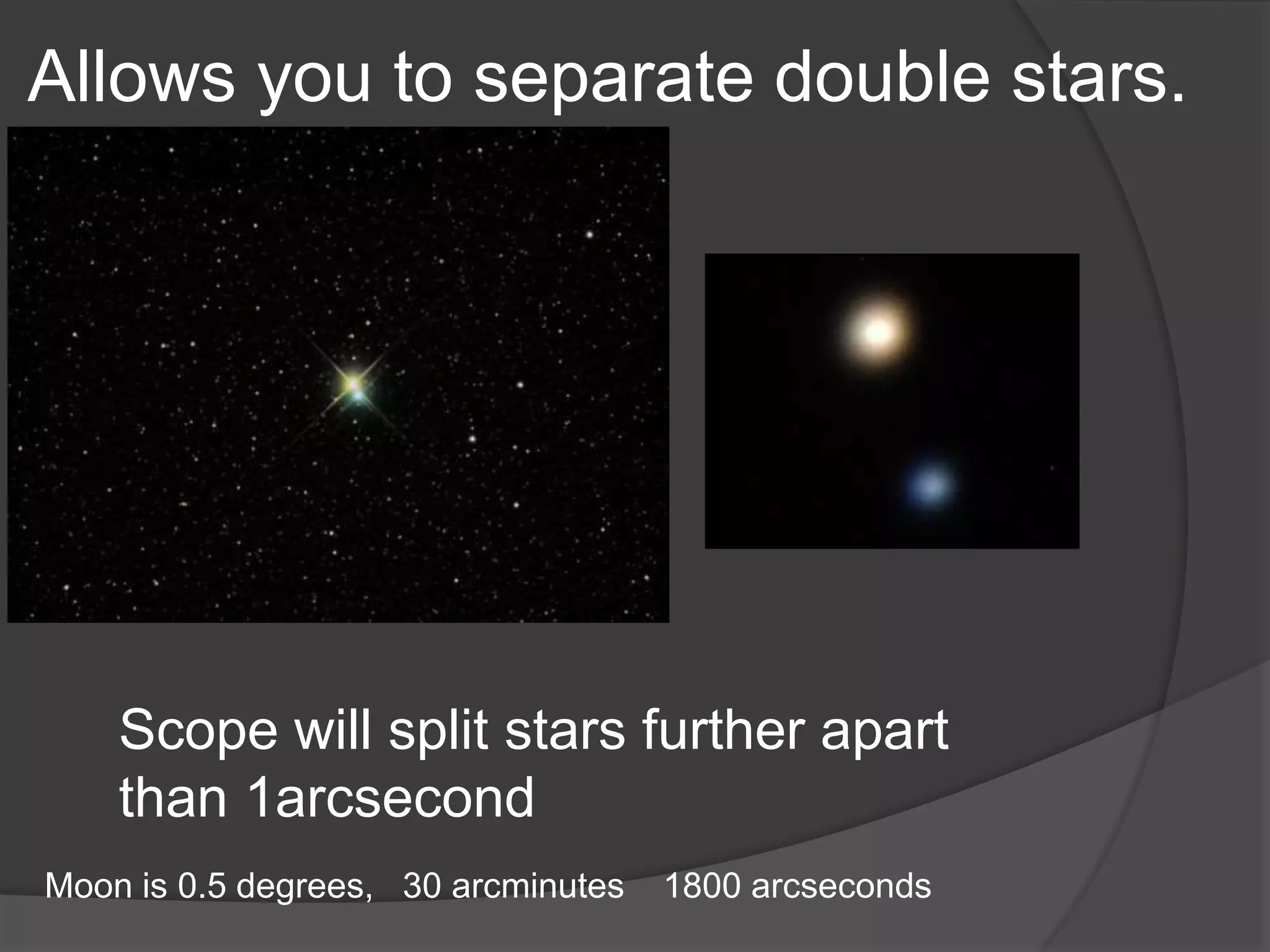 Allows you to separate double stars.
Scope will split stars further apart
than 1arcsecond
Moon is 0.5 degrees, 30 arcminutes 1800 arcseconds
 
