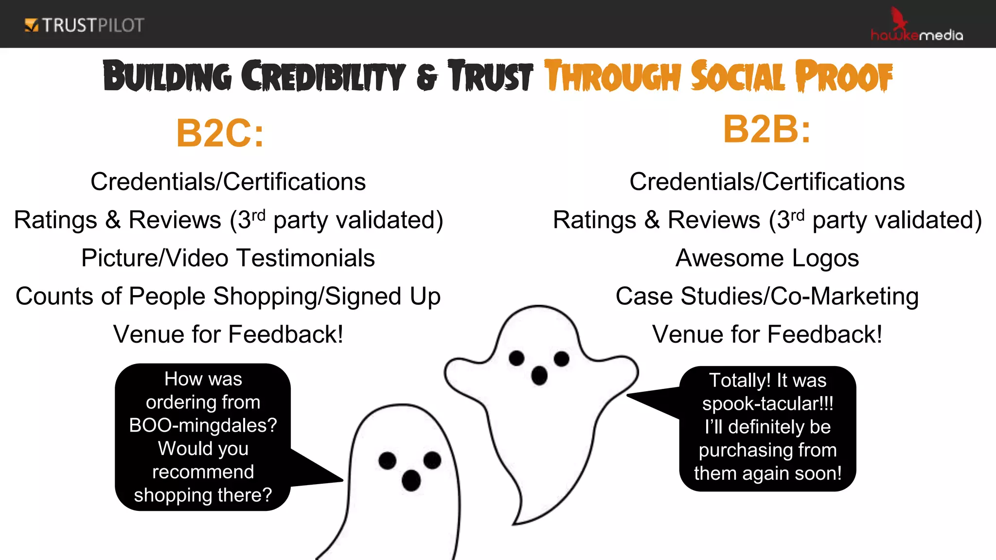 Building Credibility & Trust Through Social Proof
B2C: B2B:
Credentials/Certifications
Ratings & Reviews (3rd party validated)
Picture/Video Testimonials
Counts of People Shopping/Signed Up
Venue for Feedback!
Credentials/Certifications
Ratings & Reviews (3rd party validated)
Awesome Logos
Case Studies/Co-Marketing
Venue for Feedback!
How was
ordering from
BOO-mingdales?
Would you
recommend
shopping there?
Totally! It was
spook-tacular!!!
I’ll definitely be
purchasing from
them again soon!
 