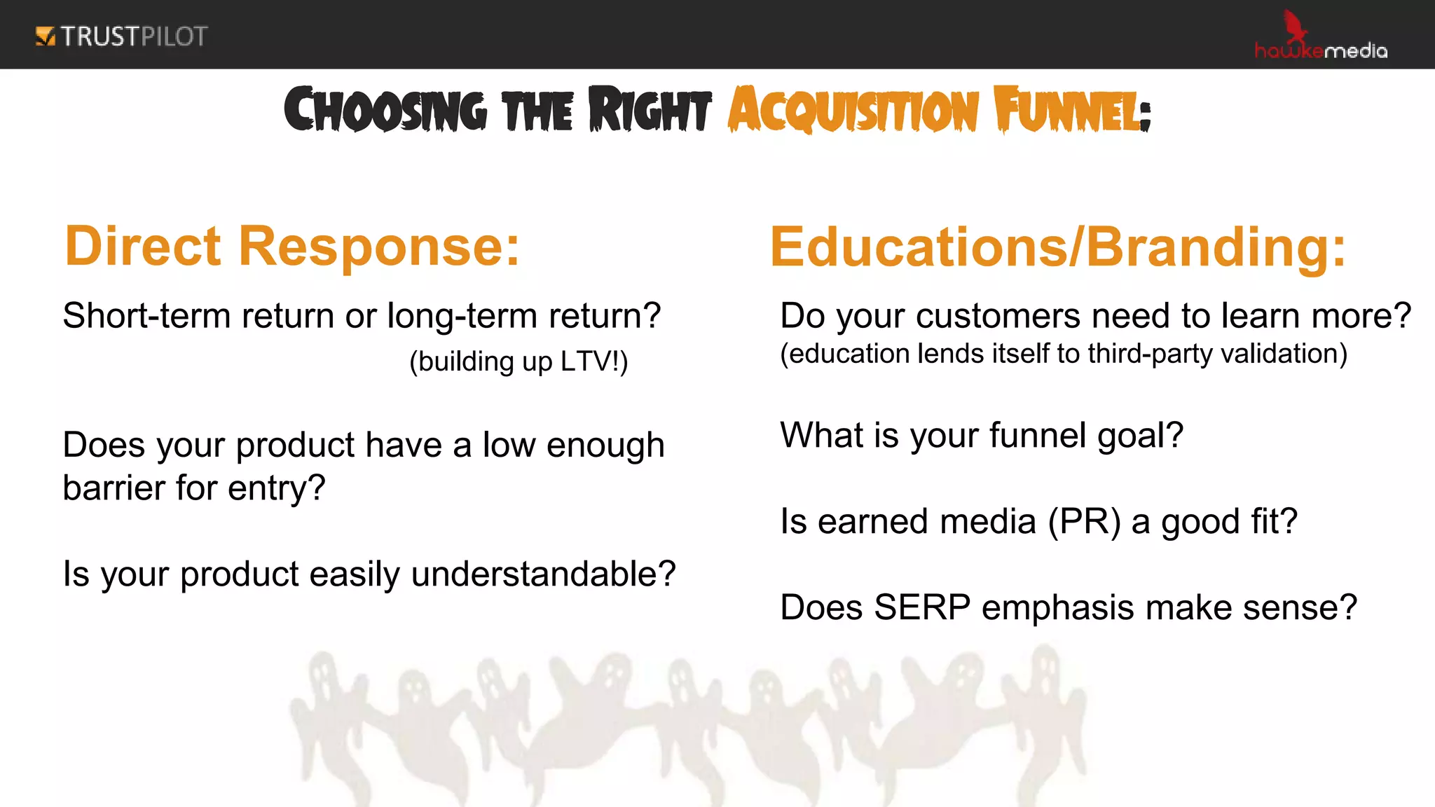 Choosing the Right Acquisition Funnel:
Direct Response: Educations/Branding:
Short-term return or long-term return?
(building up LTV!)
Does your product have a low enough
barrier for entry?
Is your product easily understandable?
Do your customers need to learn more?
(education lends itself to third-party validation)
What is your funnel goal?
Is earned media (PR) a good fit?
Does SERP emphasis make sense?
 