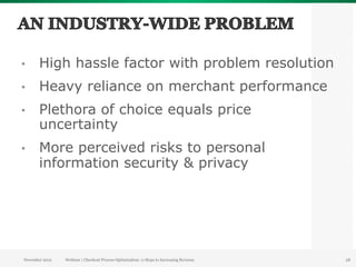 •      High hassle factor with problem resolution
•      Heavy reliance on merchant performance
•      Plethora of choice equals price
       uncertainty
•      More perceived risks to personal
       information security & privacy




November 2012   Webinar | Checkout Process Optimization: 11 Steps to Increasing Revenue   28
 