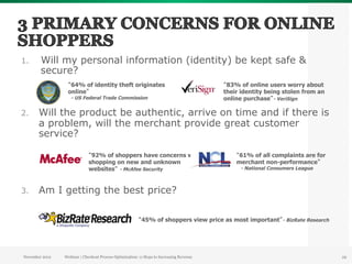 1.      Will my personal information (identity) be kept safe &
        secure?
                 “64% of identity theft originates                                        “83% of online users worry about
                 online”                                                                  their identity being stolen from an
                   - US Federal Trade Commission                                          online purchase”- VeriSign

2.     Will the product be authentic, arrive on time and if there is
       a problem, will the merchant provide great customer
       service?

                             “92% of shoppers have concerns when                              “61% of all complaints are for
                             shopping on new and unknown                                      merchant non-performance”
                             websites“ - McAfee Security                                       - National Consumers League



3.     Am I getting the best price?

                                                         “45% of shoppers view price as most important”- BizRate Research




November 2012   Webinar | Checkout Process Optimization: 11 Steps to Increasing Revenue                                         29
 