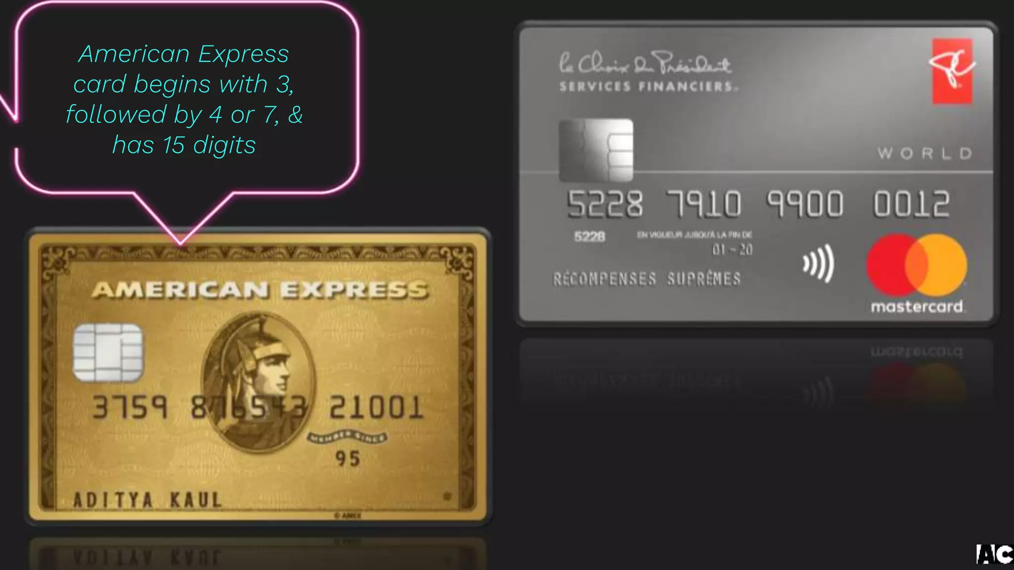 American Express
card begins with 3,
followed by 4 or 7, &
has 15 digits
 
