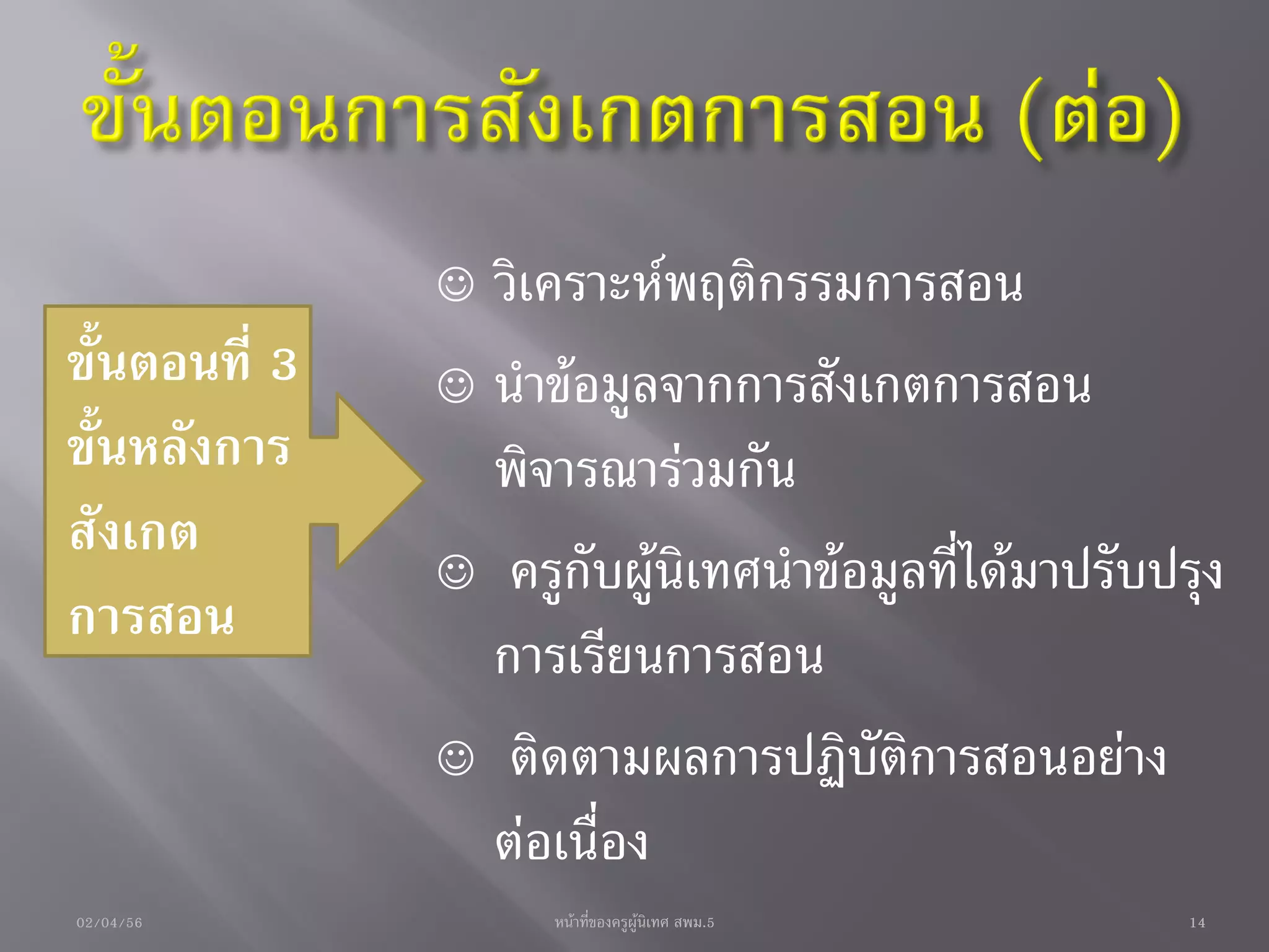  วิเคราะห์พฤติกรรมการสอน
ขั้นตอนที่ 3    นาข้อมูลจากการสังเกตการสอน
ขั้นหลังการ      พิจารณาร่วมกัน
สังเกต
                ครูกับผู้นิเทศนาข้อมูลที่ได้มาปรับปรุง
การสอน
                 การเรียนการสอน
                ติดตามผลการปฏิบัตการสอนอย่าง
                                      ิ
                 ต่อเนื่อง
02/04/56            หน้าที่ของครูผู้นิเทศ สพม.5      14
 