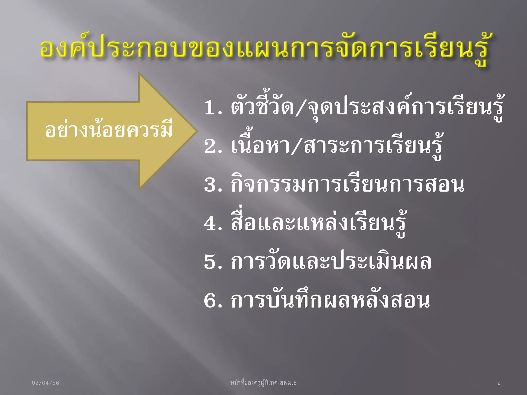 1. ตัวชี้วัด/จุดประสงค์การเรียนรู้
   อย่างน้อยควรมี
                  2. เนื้อหา/สาระการเรียนรู้
                  3. กิจกรรมการเรียนการสอน
                  4. สื่อและแหล่งเรียนรู้
                  5. การวัดและประเมินผล
                  6. การบันทึกผลหลังสอน

02/04/56              หน้าที่ของครูผู้นิเทศ สพม.5   2
 