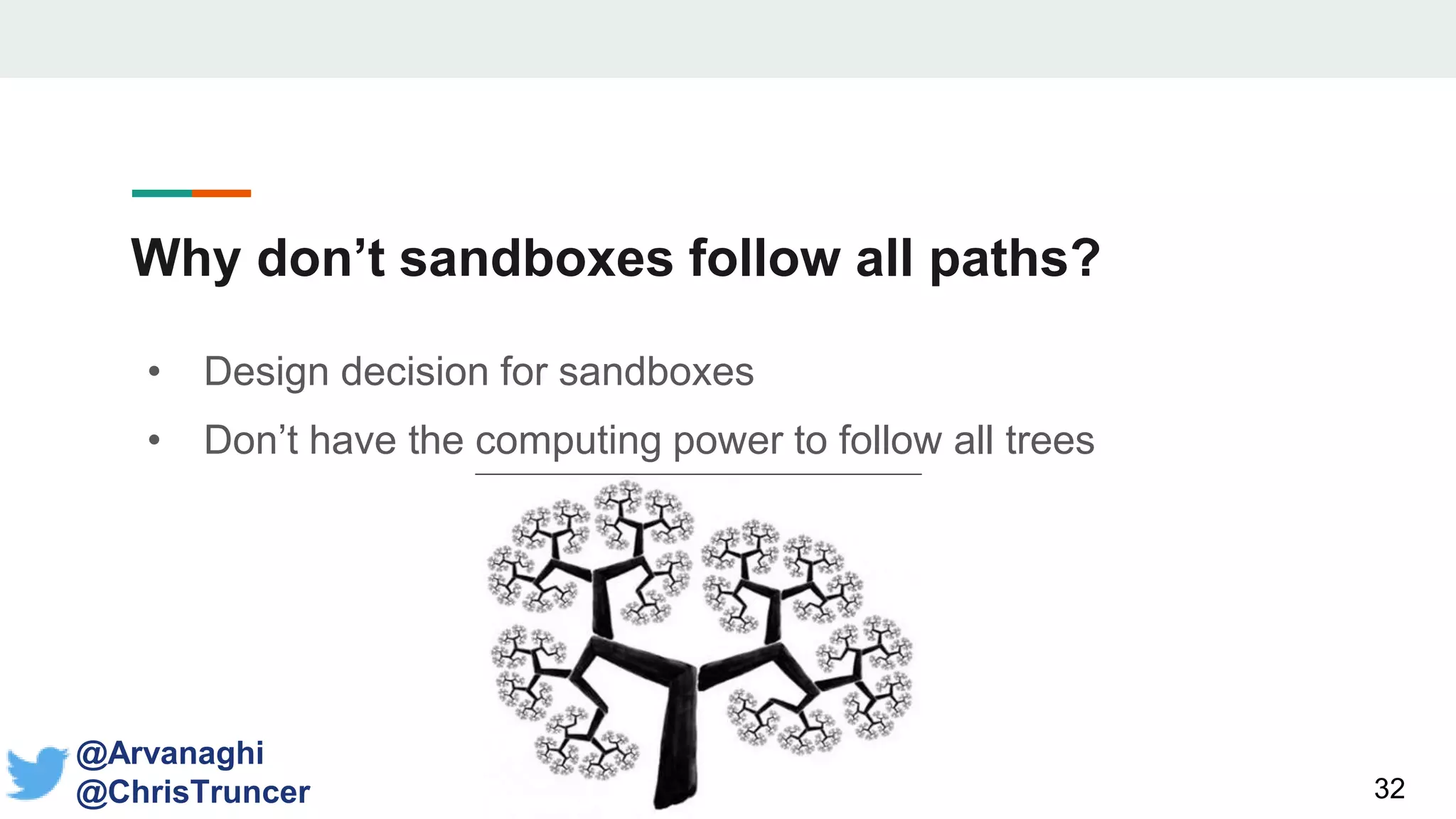 Why don’t sandboxes follow all paths?
• Design decision for sandboxes
• Don’t have the computing power to follow all trees
32
@Arvanaghi
@ChrisTruncer
 