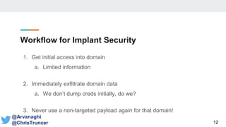 Workflow for Implant Security
1. Get initial access into domain
a. Limited information
2. Immediately exfiltrate domain data
a. We don’t dump creds initially, do we?
3. Never use a non-targeted payload again for that domain!
12
@Arvanaghi
@ChrisTruncer
 
