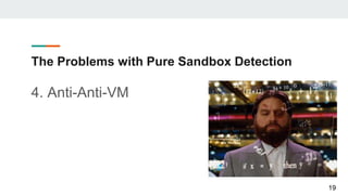 The Problems with Pure Sandbox Detection
4. Anti-Anti-VM
19
 