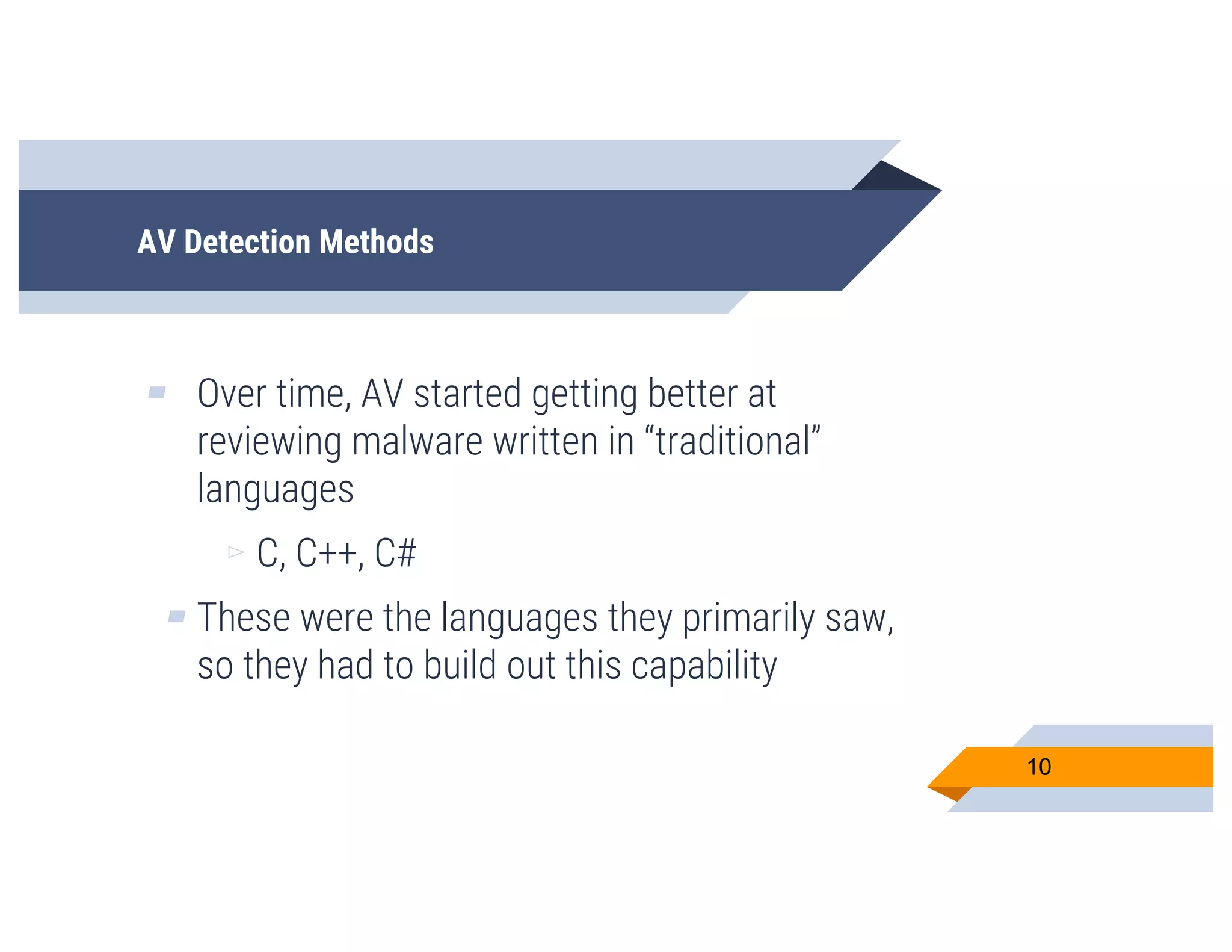 AV Detection Methods
▰ Over time, AV started getting better at
reviewing malware written in “traditional”
languages
▻ C, C++, C#
▰ These were the languages they primarily saw,
so they had to build out this capability
10
 