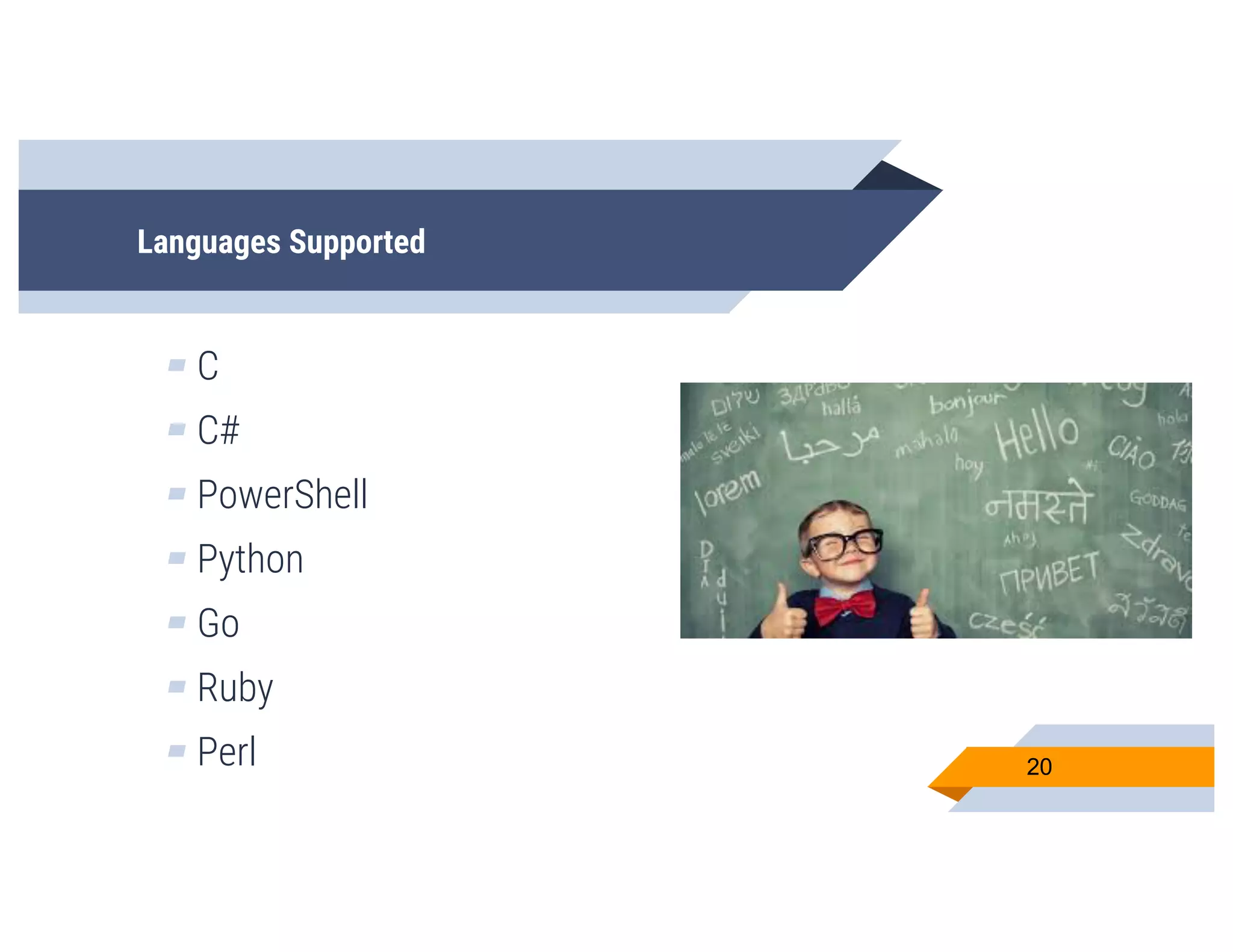 Languages Supported
▰ C
▰ C#
▰ PowerShell
▰ Python
▰ Go
▰ Ruby
▰ Perl 20
 