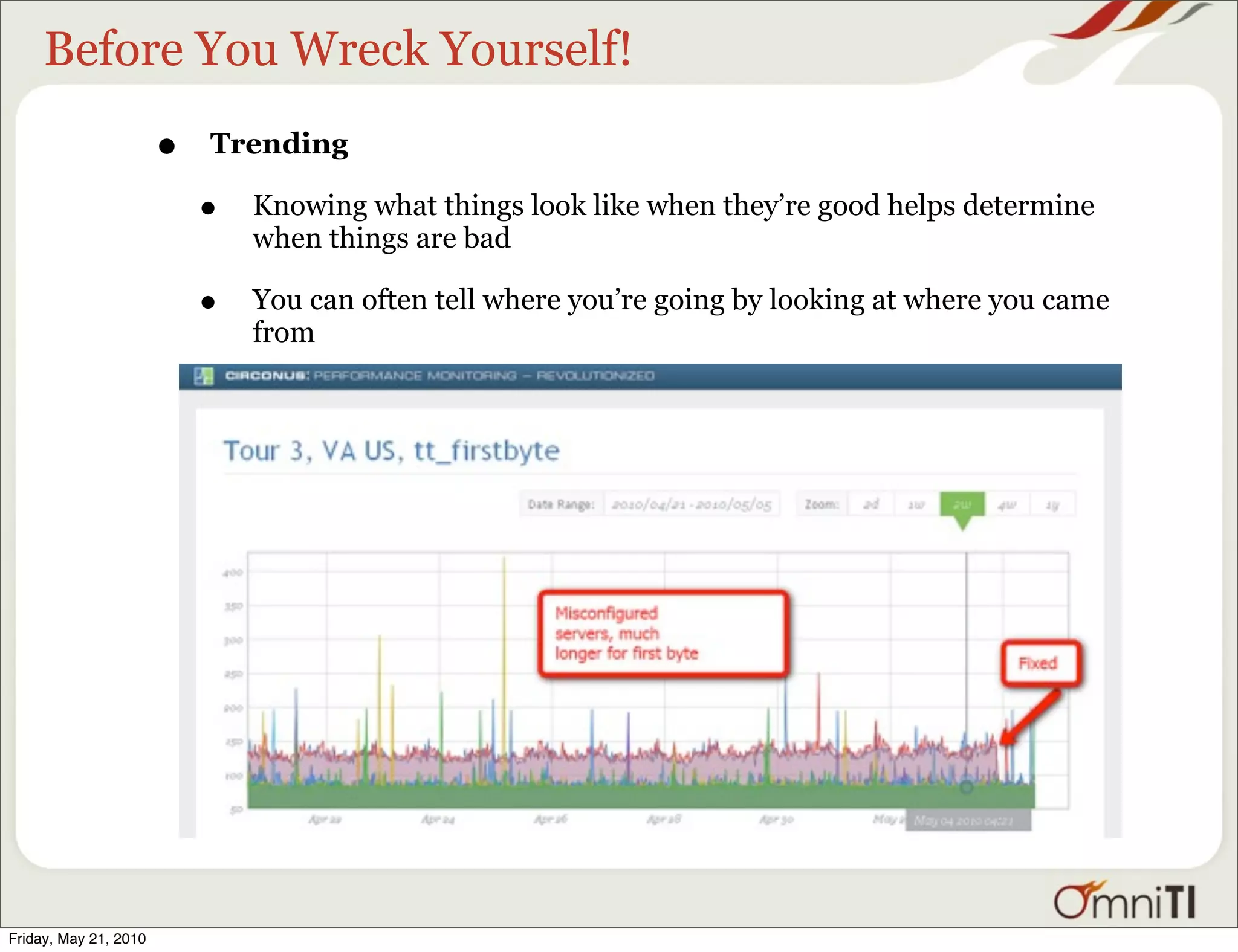 Before You Wreck Yourself!
                       •   Trending

                           •   Knowing what things look like when they’re good helps determine
                               when things are bad

                           •   You can often tell where you’re going by looking at where you came
                               from




Friday, May 21, 2010
 