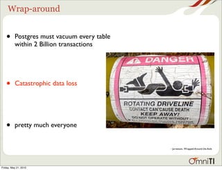 Wrap-around


   •      Postgres must vacuum every table
          within 2 Billion transactions




   •      Catastrophic data loss




   •      pretty much everyone


                                             - Jurvetson, Wrapped Around the Axle




Friday, May 21, 2010
 