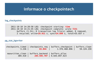 informace o checkpointech

log_checkpoints

     2011-10-10 14:20:50 LOG: checkpoint starting: time
     2011-10-10 14:21:45 LOG: checkpoint complete: wrote 7231
          buffers (1.1%); 0 transaction log file(s) added, 0 removed,
          2 recycled; write=29.911 s, sync=24.899 s, total=55.037 s


pg_stat_bgwriter

 checkpoints_timed | checkpoints_req | buffers_checkpoint | buffers_clean
             3.236 |         83.044 |       1.376.460.896 |    59.124.159

  maxwritten_clean | buffers_backend | buffers_alloc
           304.410 |     285.595.787 | 6.643.047.623
 