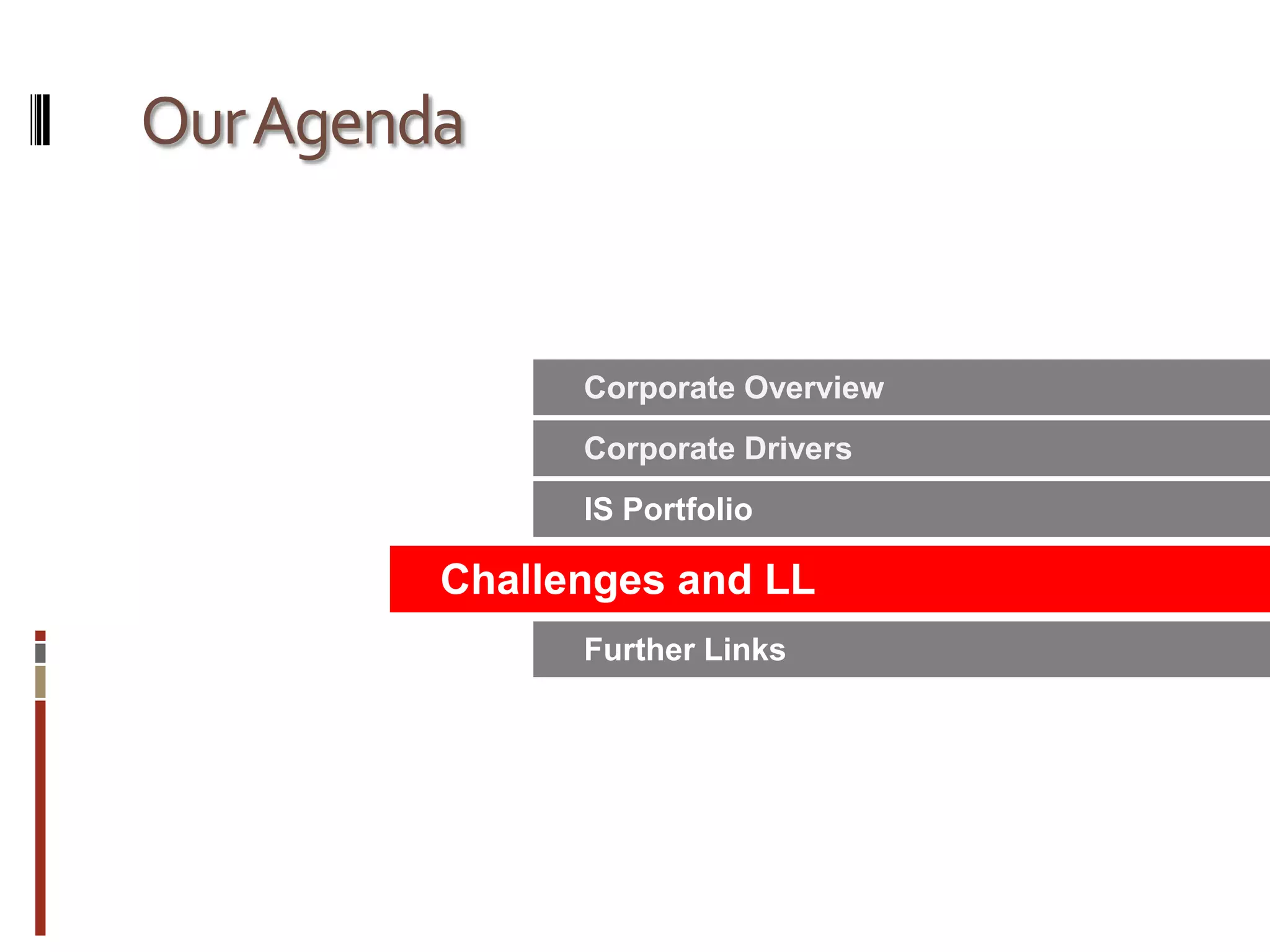 Our AgendaSmartArt turns your bullet points into graphics in a single click. You can even change your graphic layout to find just the right way to express your idea.  Corporate OverviewCorporate DriversIS PortfolioChallenges and LLFurther Links