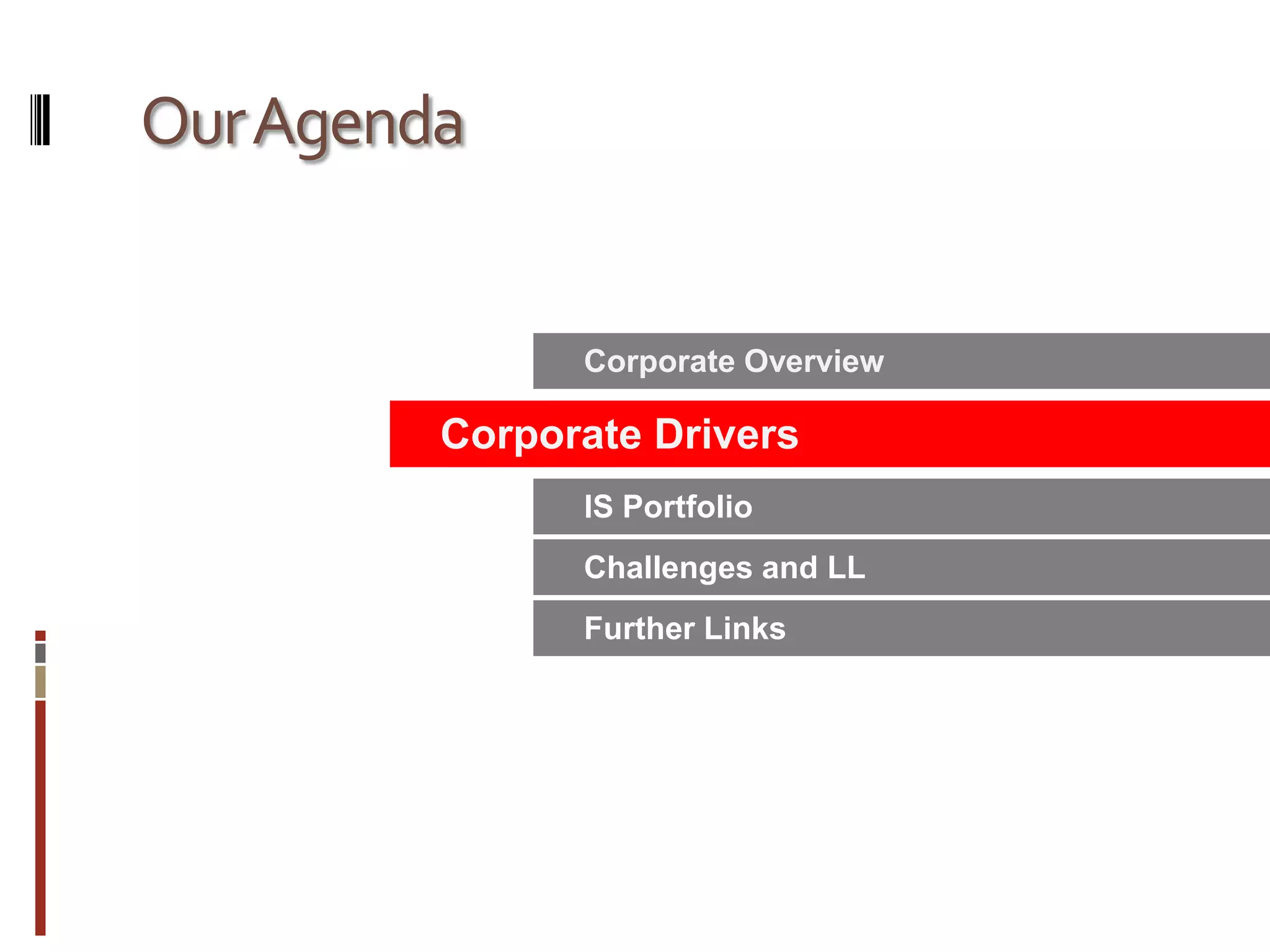 Our AgendaSmartArt turns your bullet points into graphics in a single click. You can even change your graphic layout to find just the right way to express your idea.  Corporate OverviewCorporate DriversIS PortfolioChallenges and LLFurther Links