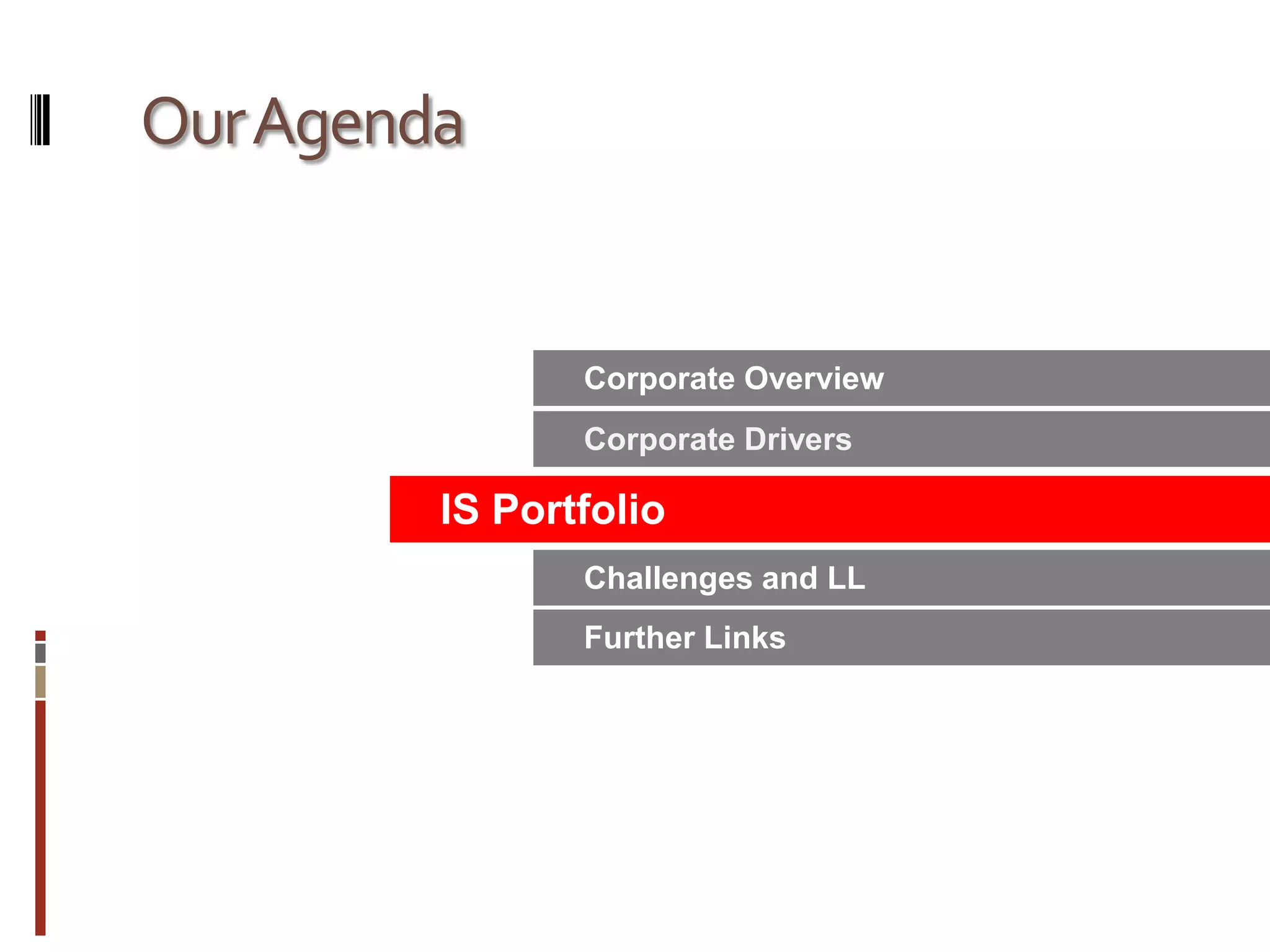Our AgendaCorporate OverviewCorporate DriversIS PortfolioChallenges and LLFurther Links
