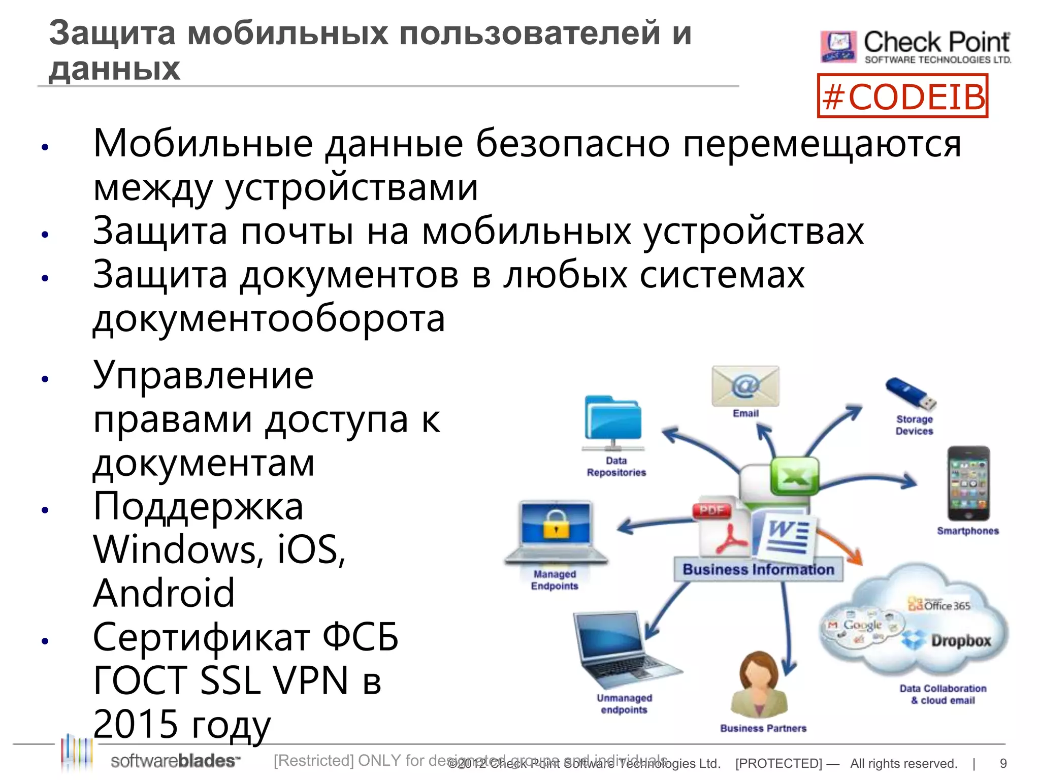 Защита мобильных пользователей и 
данных 
• Мобильные данные безопасно перемещаются 
между устройствами 
• Защита почты на мобильных устройствах 
• Защита документов в любых системах 
[Restricted] ONLY for designated groups and individuals 
©2012 Check Point Software Technologies Ltd. [PROTECTED] — All rights reserved. | 9 
документооборота 
• Управление 
правами доступа к 
документам 
• Поддержка 
Windows, iOS, 
Android 
• Сертификат ФСБ 
ГОСТ SSL VPN в 
2015 году 
#CODEIB 
 