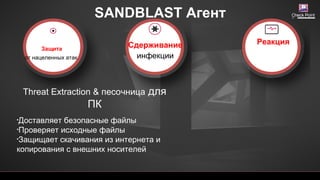 SANDBLAST Агент
Защита
от нацеленных атак
Сдерживание
инфекции
Реакция
[Restricted] ONLY for designated groups and
Threat Extraction & песочница для
ПК
•Доставляет безопасные файлы
•Проверяет исходные файлы
•Защищает скачивания из интернета и
копирования с внешних носителей
 