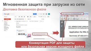 Мгновенная защита при загрузке из сети
Доставка безопасного файла
Конвертация PDF для защиты
или безопасная версия исходного файла
 