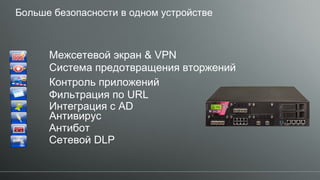 Больше безопасности в одном устройстве
Межсетевой экран & VPN
Система предотвращения вторжений
Контроль приложений
Интеграция с AD
Фильтрация по URL
Антивирус
Антибот
Сетевой DLP
 