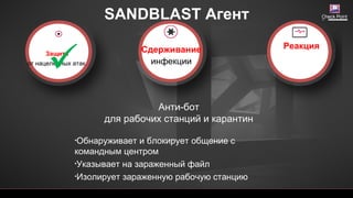 SANDBLAST Агент
-Анти бот
для рабочих станций и карантин
•Обнаруживает и блокирует общение с
командным центром
•Указывает на зараженный файл
•Изолирует зараженную рабочую станцию
Защита
от нацеленных атак
Сдерживание
инфекции
Реакция

 