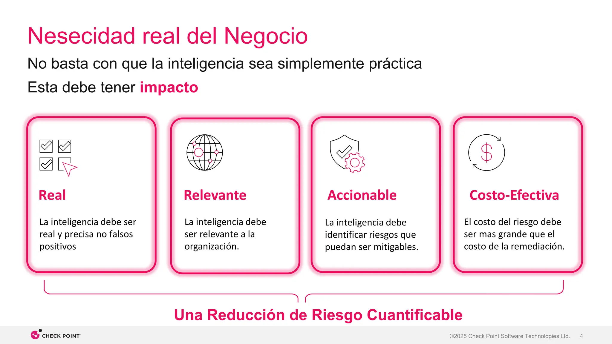 4
©2025 Check Point Software Technologies Ltd.
Nesecidad real del Negocio
No basta con que la inteligencia sea simplemente práctica
Esta debe tener impacto
La inteligencia debe
identificar riesgos que
puedan ser mitigables.
Accionable
La inteligencia debe
ser relevante a la
organización.
Relevante
La inteligencia debe ser
real y precisa no falsos
positivos
Real
El costo del riesgo debe
ser mas grande que el
costo de la remediación.
Costo-Efectiva
Una Reducción de Riesgo Cuantificable
 