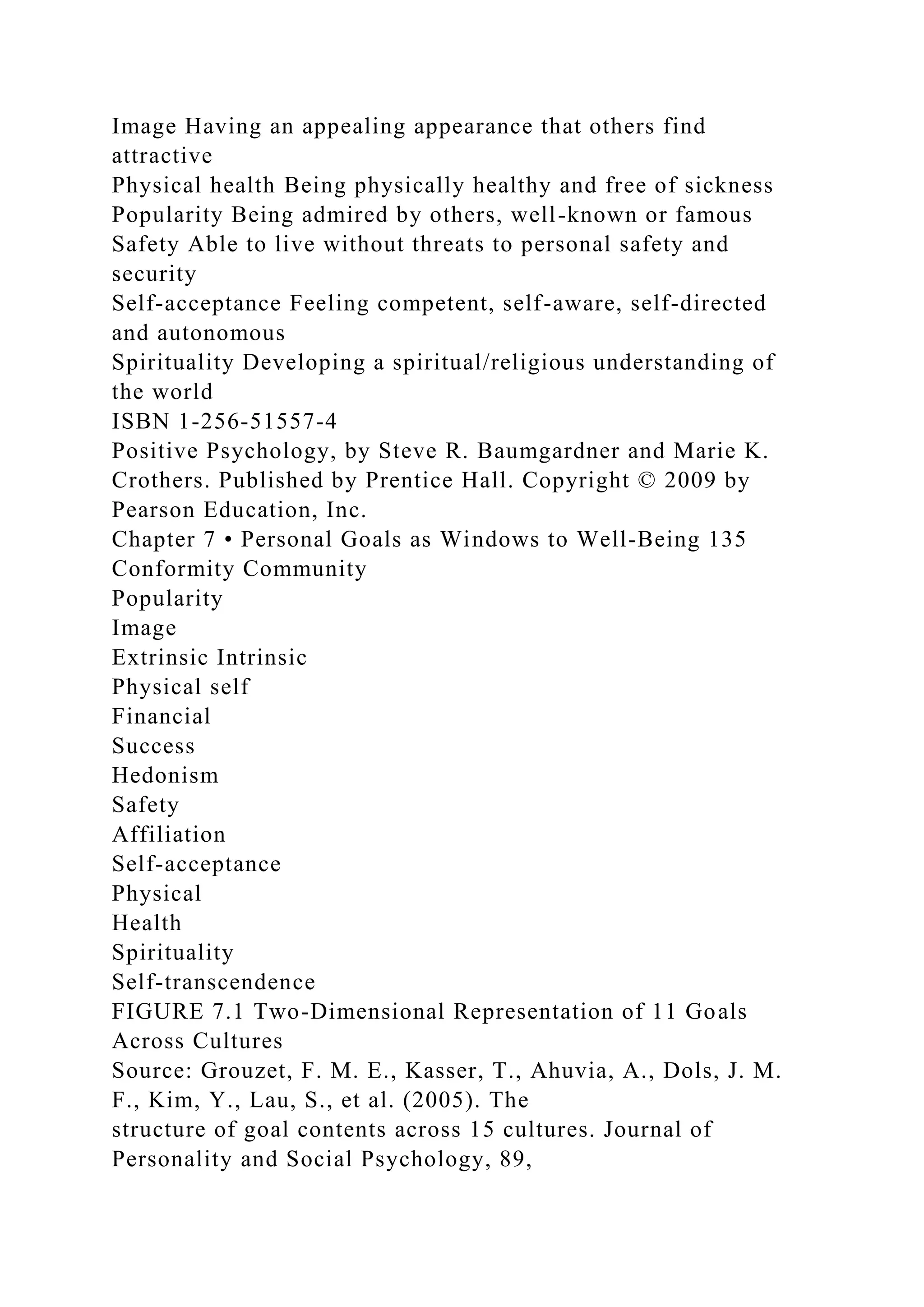 Image Having an appealing appearance that others find
attractive
Physical health Being physically healthy and free of sickness
Popularity Being admired by others, well-known or famous
Safety Able to live without threats to personal safety and
security
Self-acceptance Feeling competent, self-aware, self-directed
and autonomous
Spirituality Developing a spiritual/religious understanding of
the world
ISBN 1-256-51557-4
Positive Psychology, by Steve R. Baumgardner and Marie K.
Crothers. Published by Prentice Hall. Copyright © 2009 by
Pearson Education, Inc.
Chapter 7 • Personal Goals as Windows to Well-Being 135
Conformity Community
Popularity
Image
Extrinsic Intrinsic
Physical self
Financial
Success
Hedonism
Safety
Affiliation
Self-acceptance
Physical
Health
Spirituality
Self-transcendence
FIGURE 7.1 Two-Dimensional Representation of 11 Goals
Across Cultures
Source: Grouzet, F. M. E., Kasser, T., Ahuvia, A., Dols, J. M.
F., Kim, Y., Lau, S., et al. (2005). The
structure of goal contents across 15 cultures. Journal of
Personality and Social Psychology, 89,
 