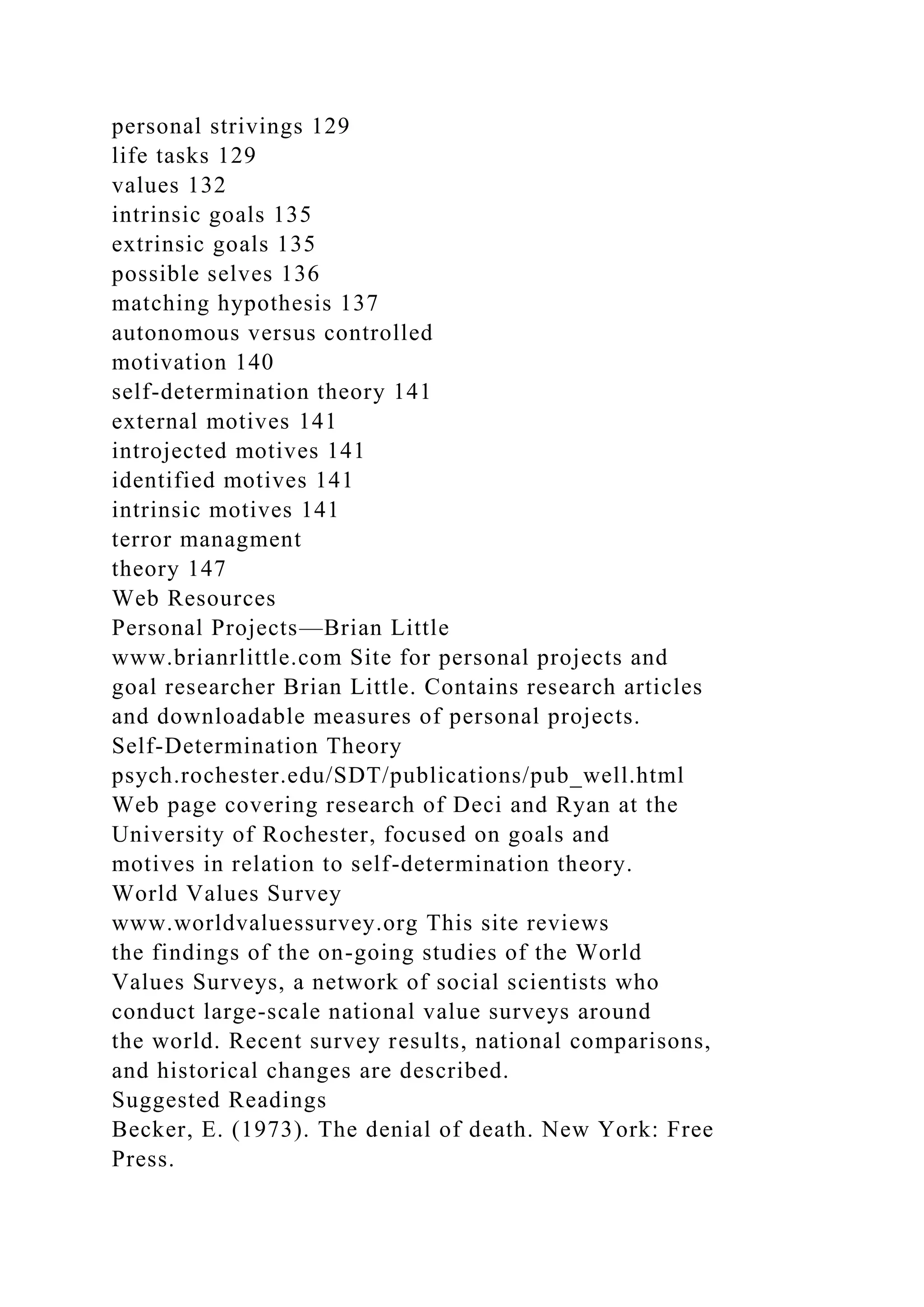 personal strivings 129
life tasks 129
values 132
intrinsic goals 135
extrinsic goals 135
possible selves 136
matching hypothesis 137
autonomous versus controlled
motivation 140
self-determination theory 141
external motives 141
introjected motives 141
identified motives 141
intrinsic motives 141
terror managment
theory 147
Web Resources
Personal Projects—Brian Little
www.brianrlittle.com Site for personal projects and
goal researcher Brian Little. Contains research articles
and downloadable measures of personal projects.
Self-Determination Theory
psych.rochester.edu/SDT/publications/pub_well.html
Web page covering research of Deci and Ryan at the
University of Rochester, focused on goals and
motives in relation to self-determination theory.
World Values Survey
www.worldvaluessurvey.org This site reviews
the findings of the on-going studies of the World
Values Surveys, a network of social scientists who
conduct large-scale national value surveys around
the world. Recent survey results, national comparisons,
and historical changes are described.
Suggested Readings
Becker, E. (1973). The denial of death. New York: Free
Press.
 