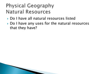  Do I have all natural resources listed
 Do I have any uses for the natural resources
that they have?
 