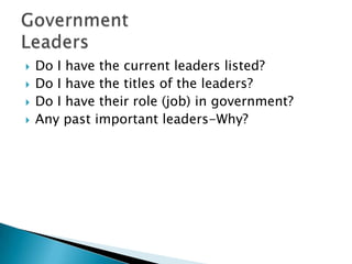  Do I have the current leaders listed?
 Do I have the titles of the leaders?
 Do I have their role (job) in government?
 Any past important leaders-Why?
 